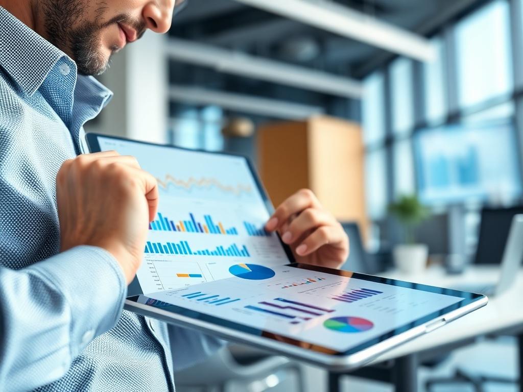 A close-up shot of a professional analyst reviewing data on a digital tablet with graphs and charts. The background features a modern office environment, with a focus on the tablet screen displaying trends. The lighting is bright and clear, emphasizing a tech-savvy approach to workforce management.