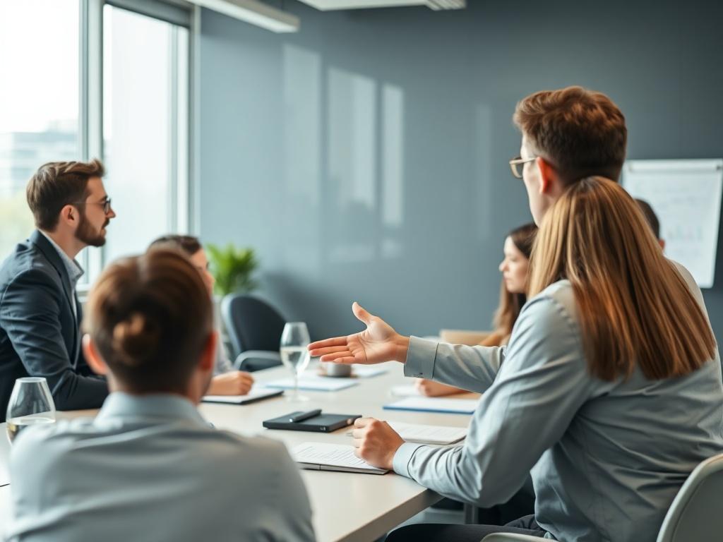 A close-up shot of a skilled trainer conducting a workshop with engaged employees in a modern training room. The trainer is demonstrating a concept with visual aids, while the employees are actively participating. The background is professional and organized, showcasing a productive learning environment.