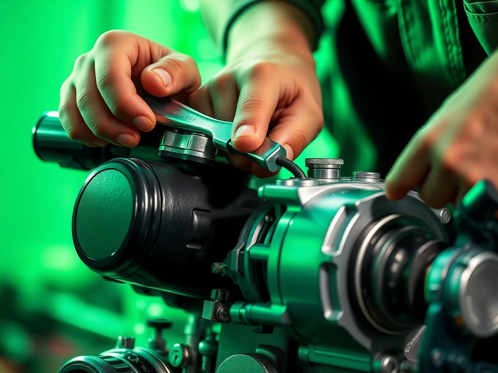 A hyper-realistic close-up shot of a skilled technician performing routine maintenance on a small engine. The focus is sharp on the technician's hands using a wrench to adjust engine components. The background is softly blurred, highlighting the engine's intricate details and metallic textures. The lighting emphasizes the green hues compatible with rgb(50, 170, 39), creating a vibrant and professional atmosphere. The image is captured with a 45mm f/1.2 lens style to achieve a crisp, detailed, and intimate v