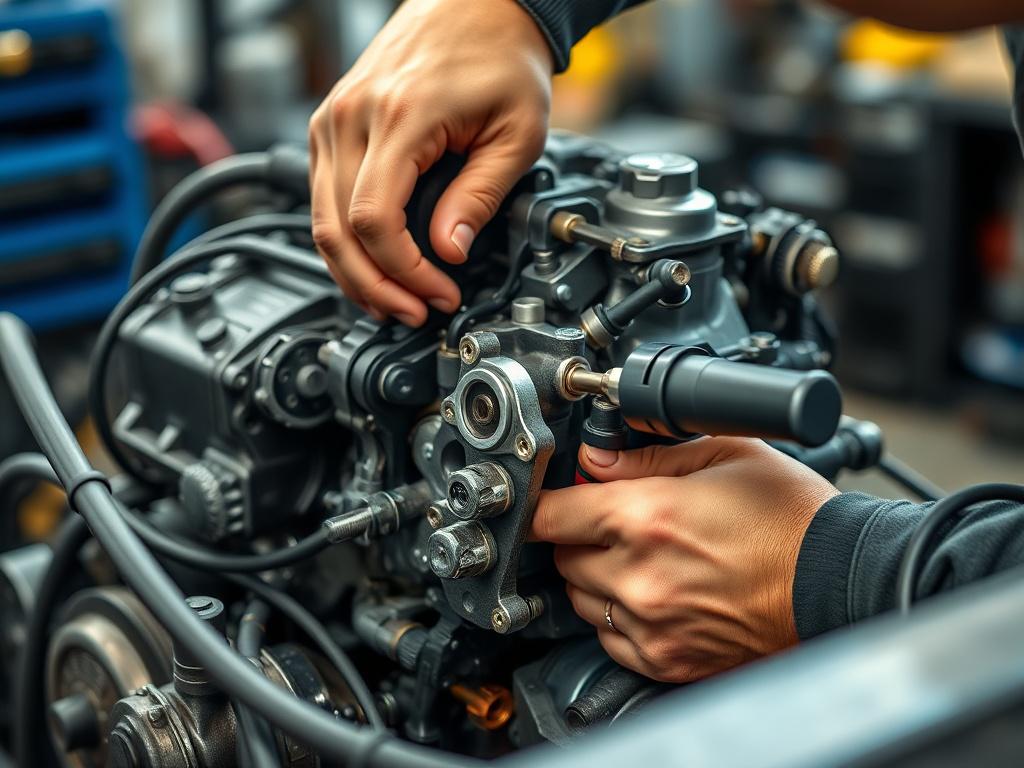 A hyper-realistic close-up shot of a mechanic's hands working on an internal combustion engine, captured with a 45mm f/1.2 lens style. The focus is on the intricate engine components and tools in use, with a blurred workshop background. The image features natural lighting highlighting the engine parts, and the color scheme subtly incorporates rgb(50, 170, 39) to complement the business's primary color. The composition is simple and clear with one subject: the engine being repaired.