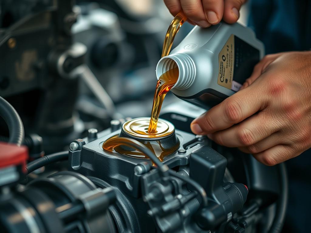 A hyper-realistic close-up shot of a technician performing an oil change on a small engine, captured with a 45mm f/1.2 lens style. The image focuses sharply on the oil being poured into the engine, with the engine parts and technician's hands in clear detail. The background is softly blurred to keep attention on the service action. The color tones complement the rgb(50, 170, 39) primary color, with natural lighting highlighting the metallic textures and fluid motion.