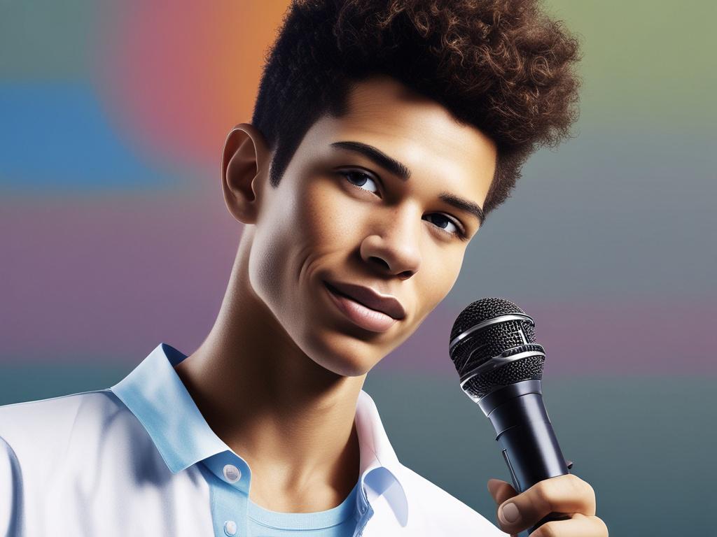A vibrant young person standing confidently with a microphone in
