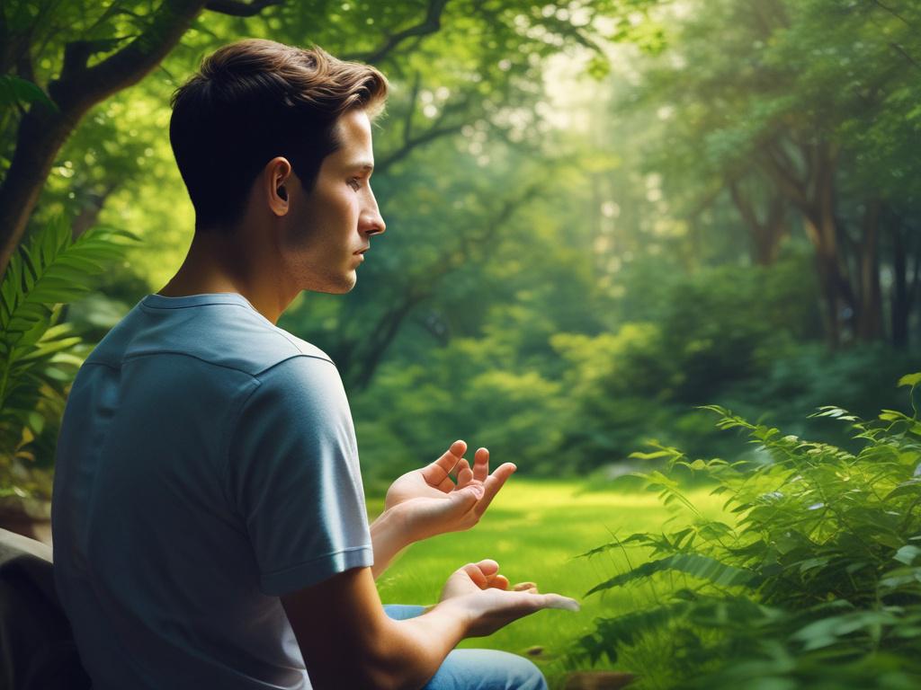 A young mediator facilitating a peaceful dialogue, serene expression, lush
