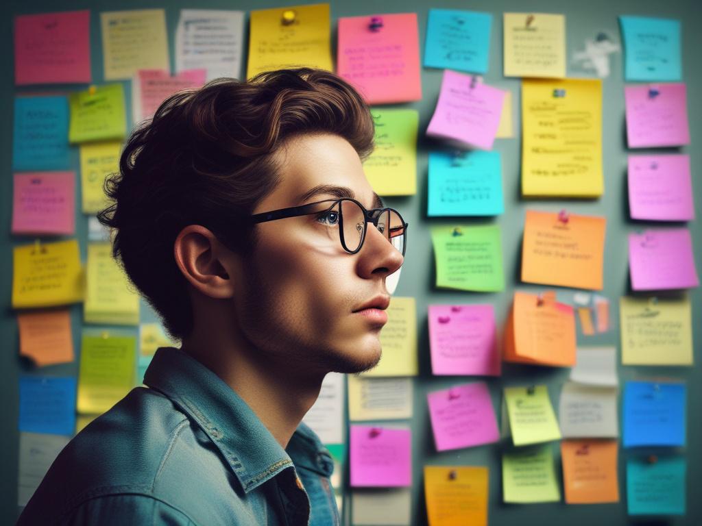a young individual brainstorming ideas, surrounded by colorful post it