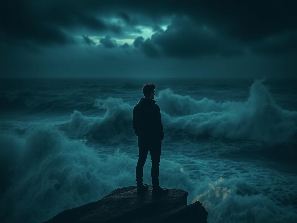 A solitary figure standing on a cliff overlooking a turbulent