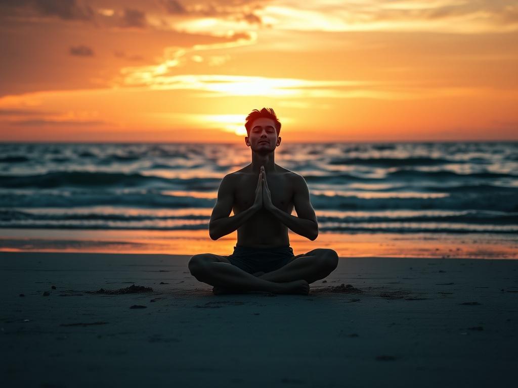 A person practicing deep breathing on a serene beach at