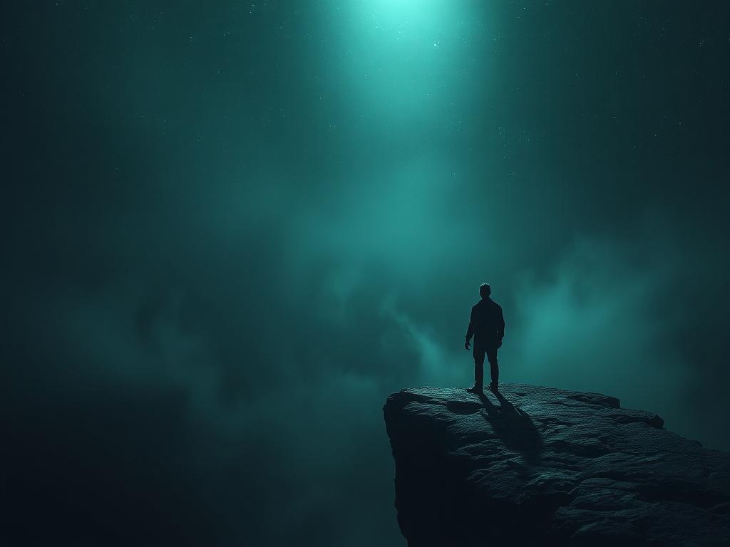 A solitary figure standing at the edge of a cliff,