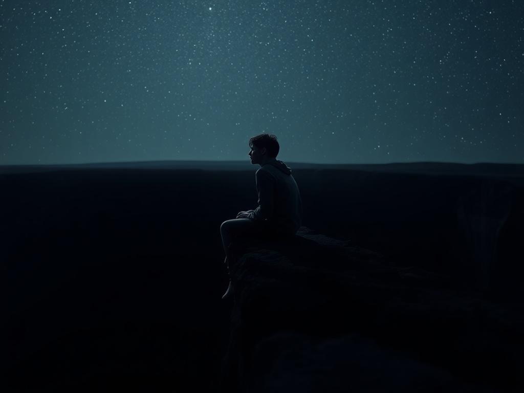 Create a realistic high-resolution photo titled "Embracing the Void". The composition should be simple and clear, focusing on a lone figure sitting at the edge of an immense black abyss. The subject is a contemplative person, gender-neutral, dressed in dark, muted clothing, embodying a sense of introspection and serenity. The deep shadows and dramatic lighting should highlight the contours of their face, capturing a moment of reflection amidst the overwhelming dark. 

In the background, an expansive, starry