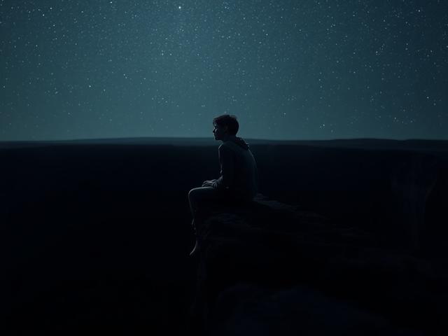 Create a realistic high-resolution photo titled "Embracing the Void". The composition should be simple and clear, focusing on a lone figure sitting at the edge of an immense black abyss. The subject is a contemplative person, gender-neutral, dressed in dark, muted clothing, embodying a sense of introspection and serenity. The deep shadows and dramatic lighting should highlight the contours of their face, capturing a moment of reflection amidst the overwhelming dark. 

In the background, an expansive, starry