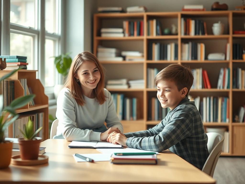 A cozy tutoring session in a well-lit room, featuring a smiling tutor working one-on-one with a student at a desk. The background shows shelves filled with books and learning materials, creating an inviting atmosphere. Soft lighting enhances the peaceful setting, with gentle hues of green from the primary color. The focus is on the engaging interaction between the tutor and student.
