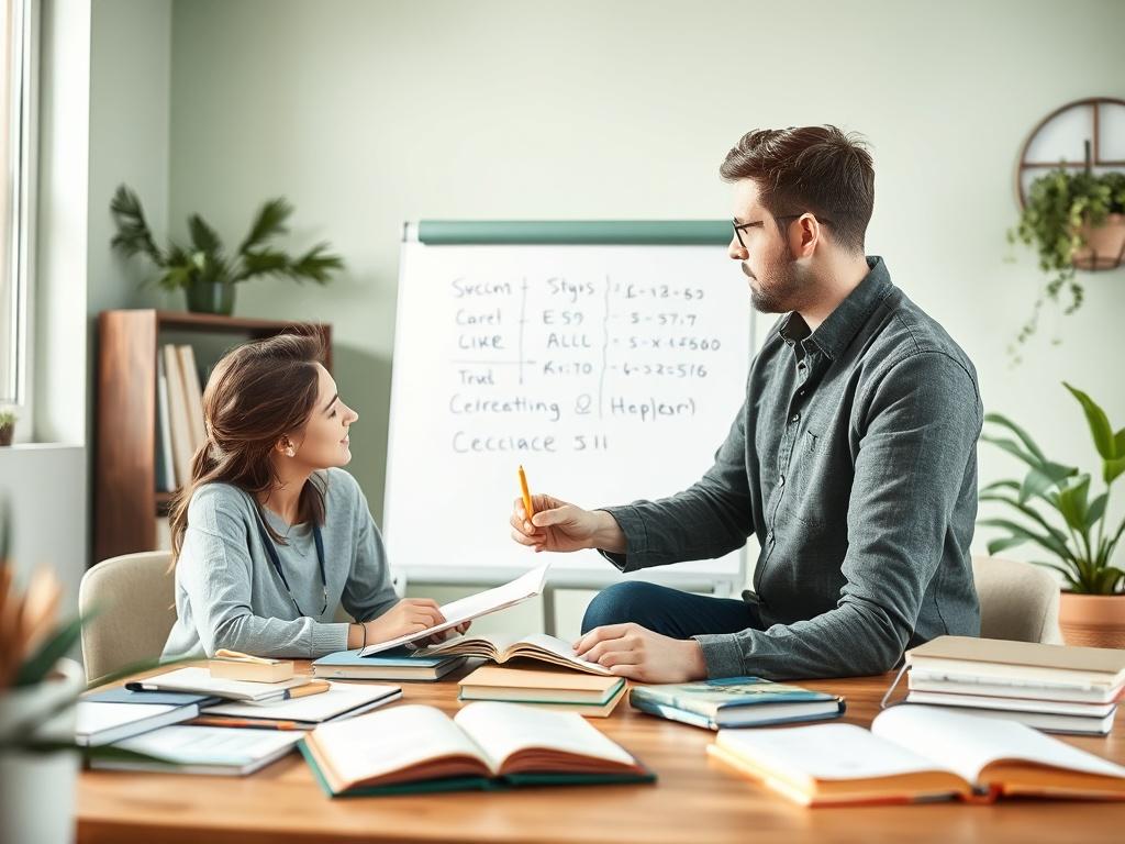 A focused study session featuring a dedicated tutor and a student surrounded by study materials like notebooks and textbooks. The setting is bright and calming, with soft green tones in the decor. The tutor is explaining a concept using a whiteboard, creating an engaging and interactive learning atmosphere.
