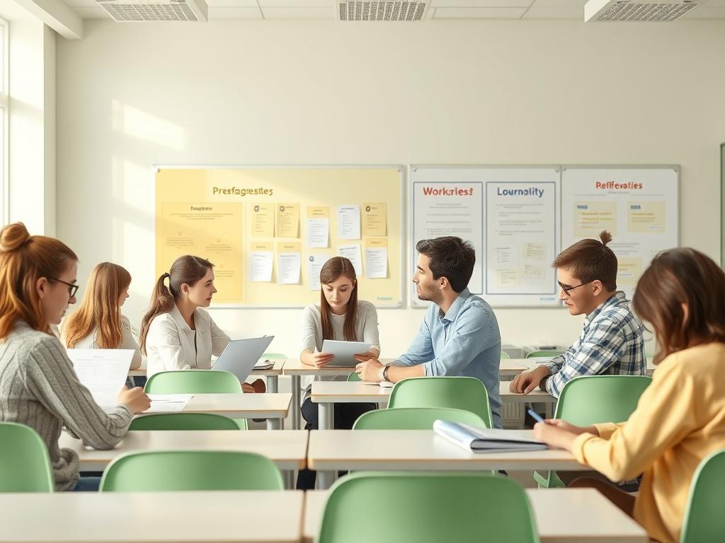 An engaging exam preparation workshop in a bright classroom setting, showcasing a small group of students actively participating in discussions and practice tests. The atmosphere is encouraging and focused, with visual aids and motivational posters in the background. Soft green accents create a calming environment for effective learning.