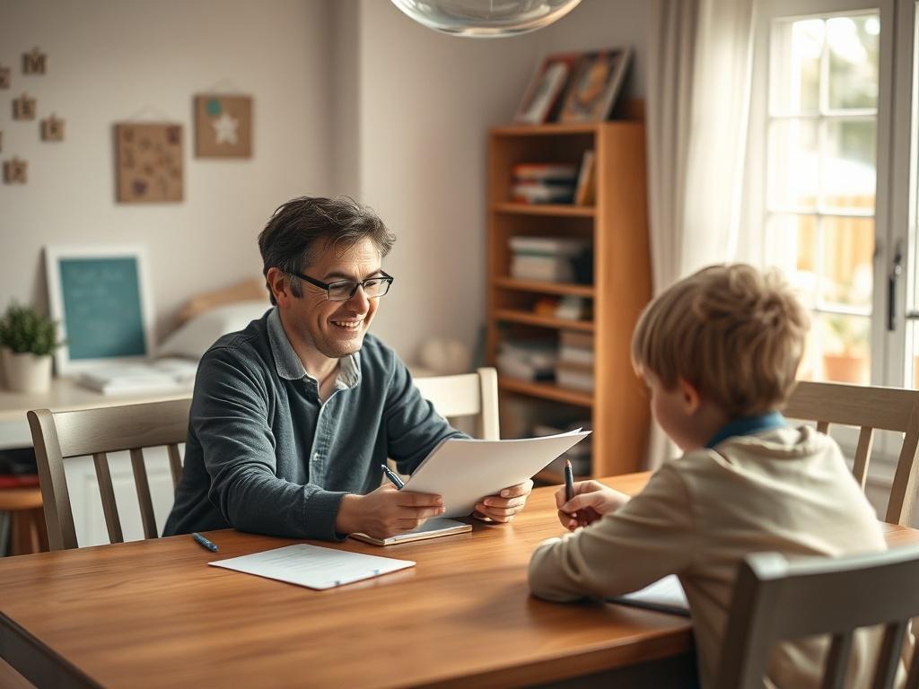 A warm and inviting home environment featuring a dedicated tutor sitting at a dining table with a student. The tutor is engaged and smiling, explaining a concept with a notebook and a pen in hand. Soft, natural light filters through a nearby window, illuminating the scene. The room is cozy, with gentle tones and a peaceful atmosphere, featuring educational materials in the background.