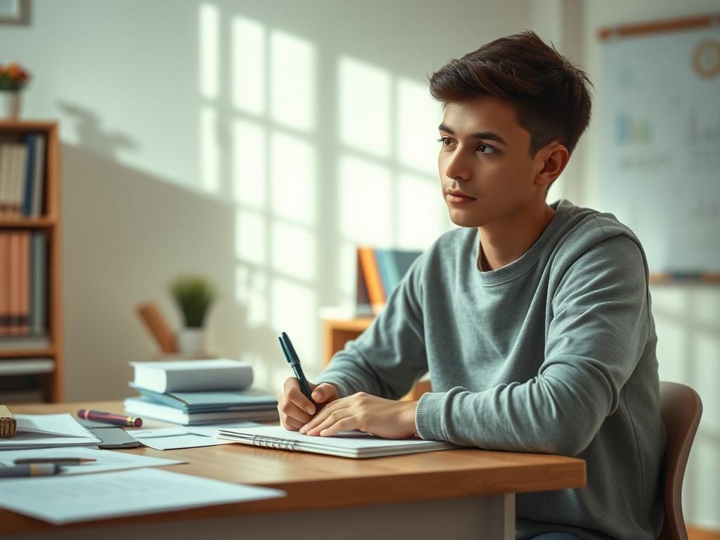 A student sitting at a desk, thoughtfully writing feedback on
