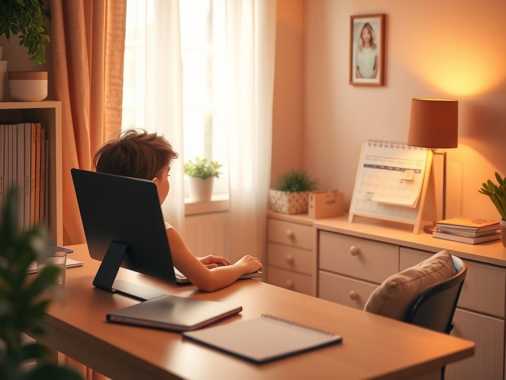 A cozy room with a single student sitting at a