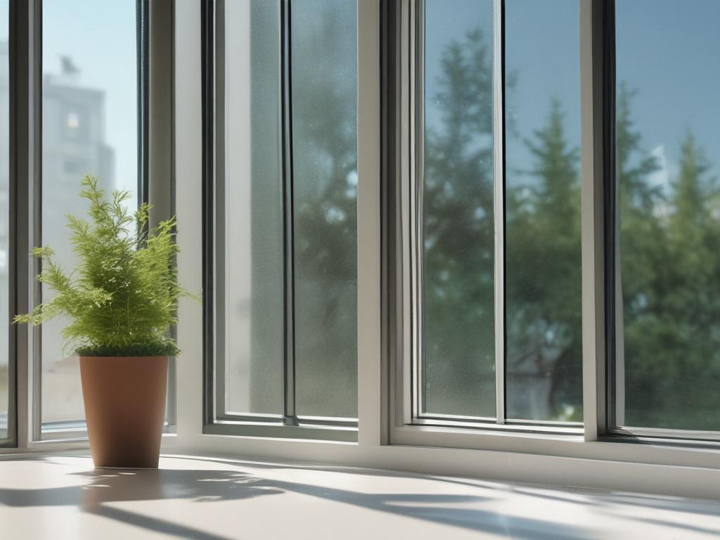 Create a realistic high-resolution photo that captures the essence of the blog titled "The Impact of Residential Window Cleaning on Your Home’s Energy Efficiency." The image should feature a single, spotless residential window, prominently displayed in the foreground. The window pane should be crystal clear, reflecting natural sunlight pouring in, illuminating the interior space. 

Incorporate a subtle play of light and shadow to emphasize the transparency and cleanliness of the glass, showcasing how it fac