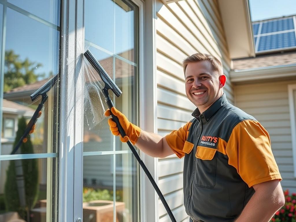 **Prompt for AI Image Generator:**

Create a highly detailed, realistic high-resolution photo that encapsulates the essence of professional exterior cleaning services for a blog titled "What’s Included in a Professional Exterior Cleaning Service?". The composition should be simple and clear, focusing on a single subject: a friendly, professional window cleaner actively washing a large residential window. The window cleaner should be wearing a branded uniform from Rusty’s Professional Services, complete with