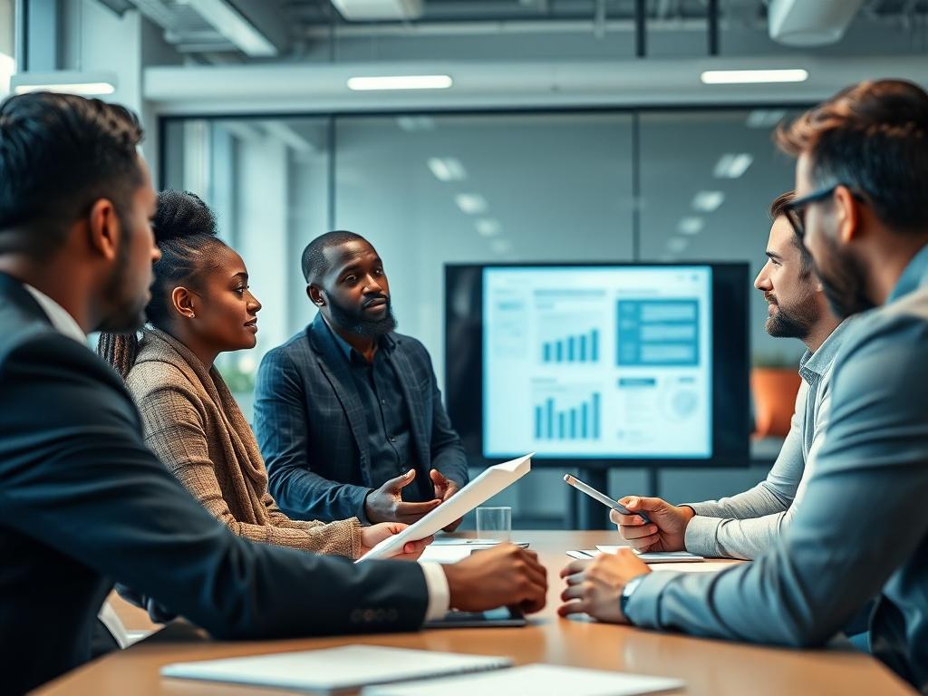 An engaged team meeting taking place in a bright, collaborative