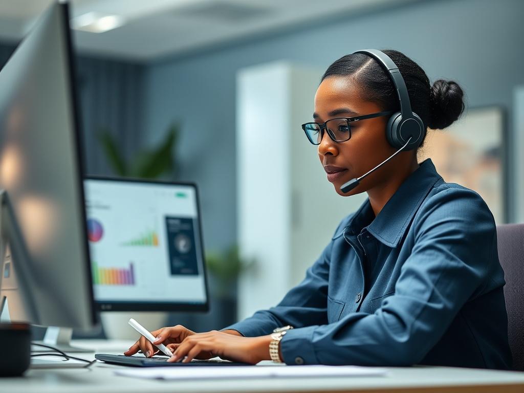 A calm, professional support agent on a call, focused and