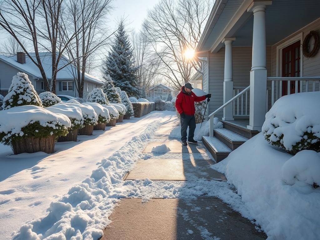 A wide shot of a residential property during winter, highlighting