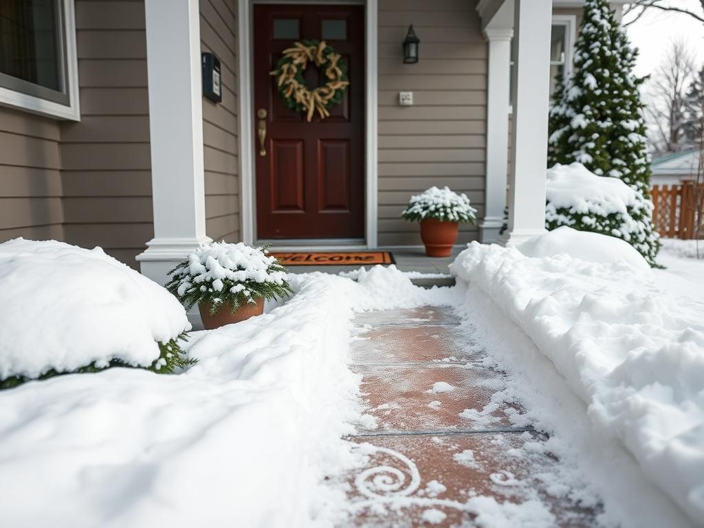 A close up view of a snow cleared porch with