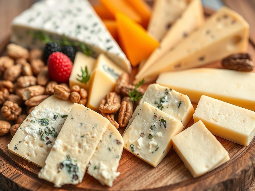 A high resolution close up of an artisan cheese platter,