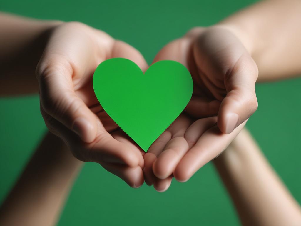A close-up shot of hands holding a heart-shaped paper cutout with vibrant green details, symbolizing community and unity. The background features a soft, blurred image of a community gathering in a park, showing people of diverse backgrounds engaging in activities like laughing, sharing food, and playing games. The lighting is warm and inviting, creating a sense of togetherness. This image should be hyper-realistic, shot with a 45mm f/1.2 lens style.