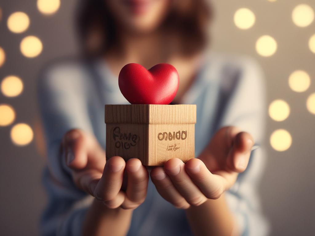 A close-up shot of a hand holding a heart-shaped donation box made of wood, symbolizing generosity and community support. The background features soft bokeh lights to create a warm, inviting atmosphere. The image should be captured using a 45mm f/1.2 lens to emphasize the details of the box and the hand, while maintaining a focus on the heart shape, radiating warmth and compassion.