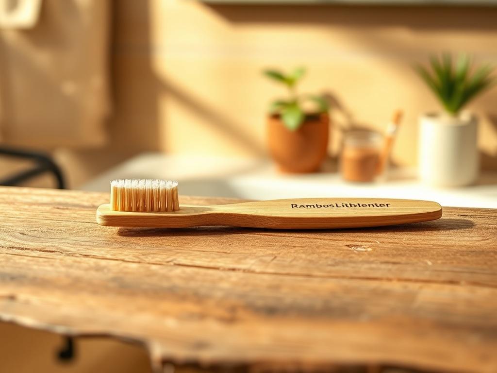 Create a realistic high-resolution photo featuring a sleek, eco-friendly bamboo toothbrush as the focal subject. The toothbrush should be displayed lying on a rustic wooden surface, accentuating its natural texture and earthy tones. The bristles should be a soft, neutral color, showcasing the product's sustainable design.

In the background, use a softly blurred, warm-toned environment that suggests a cozy bathroom setting, accented with subtle greenery such as a small potted plant or a succinct piece of na