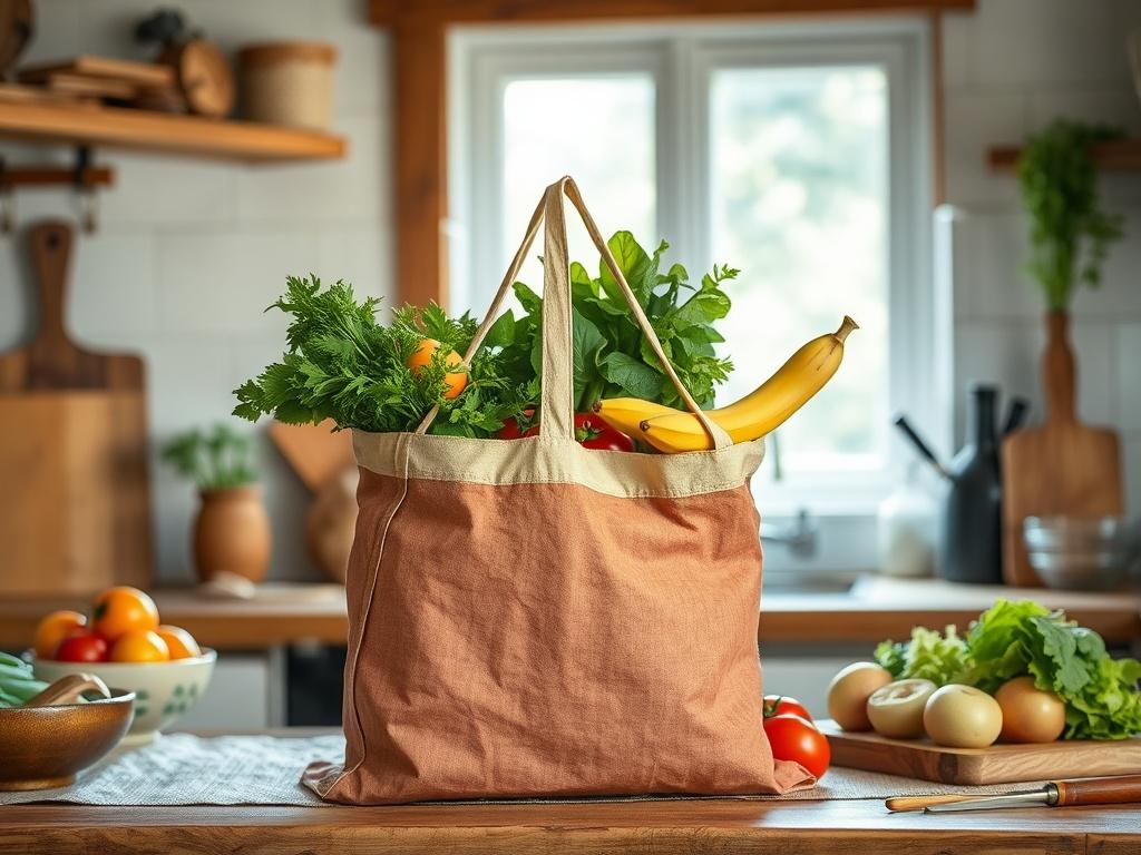 Create a realistic high-resolution photo depicting a single, vibrant grocery bag overflowing with fresh, organic produce. The bag should be made of sustainable, reusable materials, reflecting a commitment to eco-friendliness. Inside the bag, display a variety of colorful fruits and vegetables, such as ripe tomatoes, crisp lettuce, bananas, and apples, showcasing the diverse options available for budget-conscious shopping. 

The setting should be a rustic kitchen countertop, adorned with earthy tones and tex