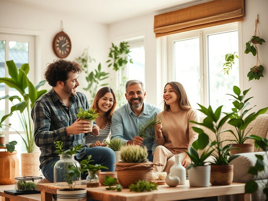A realistic high-resolution photo of a family happily engaging in eco-friendly activities in their home. The setting is warm and inviting, with natural light streaming in through large windows, showcasing plants and sustainable products around them. The family members are smiling and interacting with each other, embodying a sense of joy and togetherness. The color palette features earthy tones and textures that align with a rustic aesthetic, complemented by the primary color rgb(115, 212, 17) subtly integra