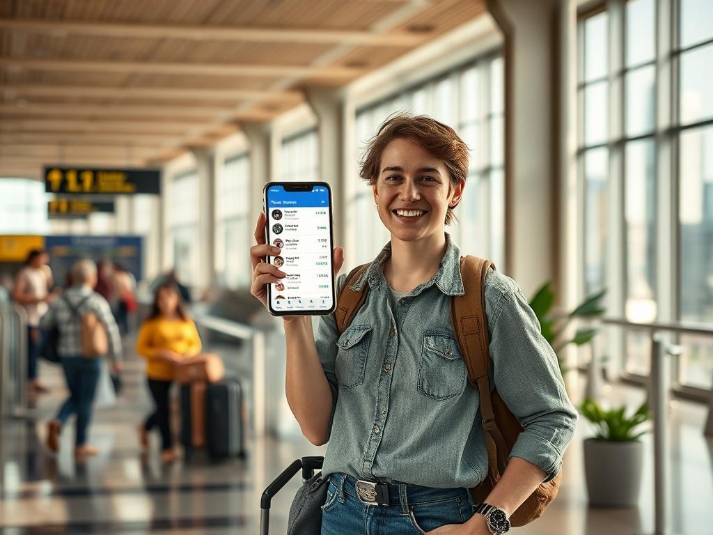 **AI Image Generation Prompt:**

Create a realistic high-resolution image that reflects the theme of "Air Travel Savings Hack." The composition should be simple and clear, featuring a single subject: a cheerful traveler standing at an airport check-in counter. The traveler is a young adult with an excited expression, holding a smartphone displaying flight options, highlighting low fare prices. The background should depict a bustling airport interior with natural lighting filtering through large windows, sho