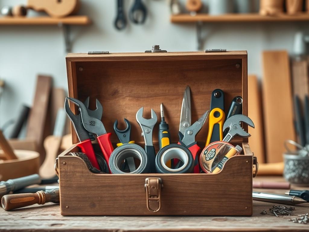 **AI Image Generation Prompt:**

Create a realistic high-resolution photo that embodies the essence of DIY home repair and resourcefulness. The main subject should be an open toolbox, prominently displayed in the center of the composition, showcasing an organized assortment of essential tools. Include the following items within the toolbox: a pair of adjustable pliers, a tape measure, a flathead screwdriver, a Philips screwdriver, a utility knife, a small flashlight, a roll of duct tape, a wrench, a level, 
