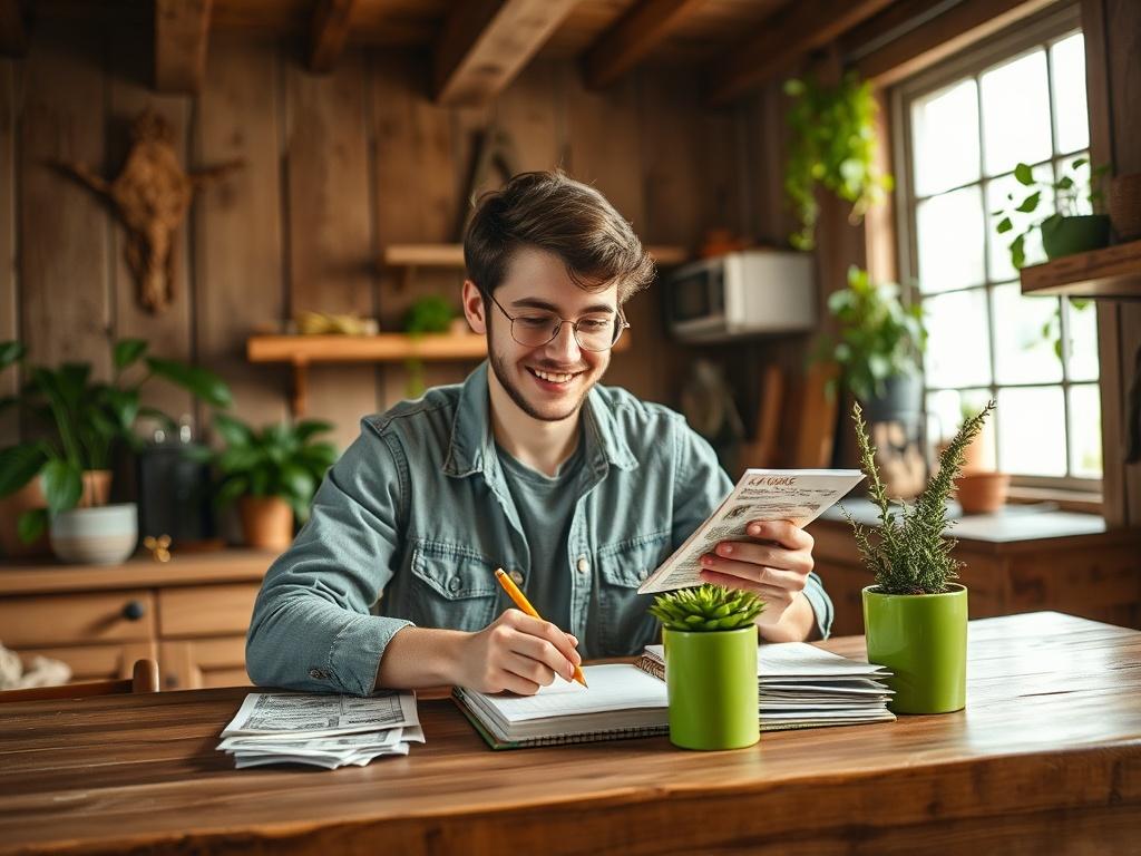 Create a realistic high-resolution photo that embodies the essence of a blog titled "10 Budget-Friendly Hacks to Save Big." Center the composition on a cheerful and relatable individual in their cozy, rustic kitchen setting, busily engaging in a hands-on budgeting activity. The subject should be a young adult, casually dressed, surrounded by everyday items that promote frugality—such as coupons, a notepad, and a pencil, all arranged neatly on a wooden kitchen table.

The background should feature warm, eart