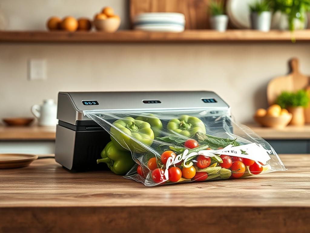 **AI Image Generation Prompt:**

Create a realistic high-resolution photo that embodies the blog title "Food Savers are Money Savers." The main subject of the image should be a sleek, modern vacuum food sealer prominently displayed on a rustic wooden kitchen countertop. The food sealer should be depicted in action, sealing fresh vegetables, such as vibrant green bell peppers and colorful cherry tomatoes, inside a vacuum-sealed bag. 

The composition should be simple and clear, focusing solely on the food se