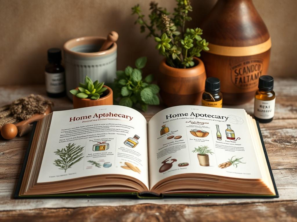 A high-resolution photo of an open book titled 'Home Apothecary' featuring beautifully illustrated pages showcasing various natural remedies. The setting is a rustic wooden table with a soft, earthy background that includes potted herbs and essential oils, creating a warm and inviting atmosphere. The lighting is soft and natural, highlighting the textures of the book and the surrounding elements, embodying a grounded and holistic aesthetic.