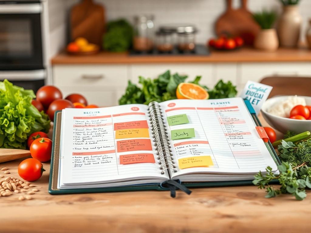 A realistic high-resolution image of a budget-friendly meal planner opened on a kitchen table. The planner should showcase colorful meal sections filled with handwritten notes and a few colorful recipe cards. Surrounding the planner, there should be fresh ingredients such as vegetables and grains, emphasizing health and budget-conscious planning. The background should feature a cozy kitchen environment with warm, inviting lighting.