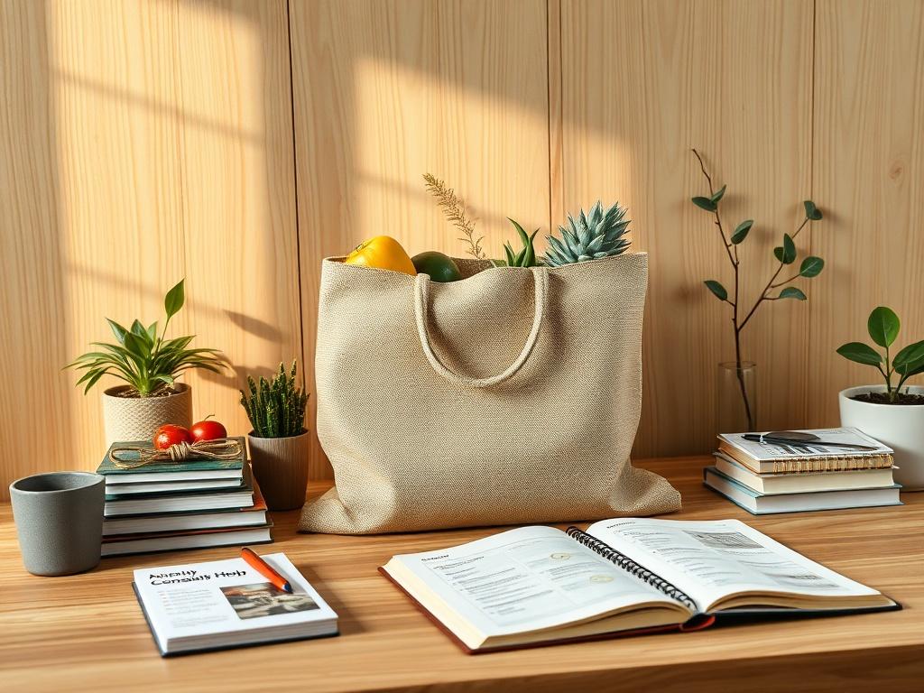 **AI Image Generation Prompt:**

Create a highly detailed, realistic high-resolution photo that encapsulates the essence of a blog titled "10 Essential Money-Saving Hacks." The composition should be simple and clear, featuring a single subject: a well-organized, elegant workspace equipped with various money-saving tools and tips.

At the center of the image, showcase a minimalist wooden desk adorned with a stylish, reusable shopping bag made from sustainable materials, filled with fresh, organic produce and