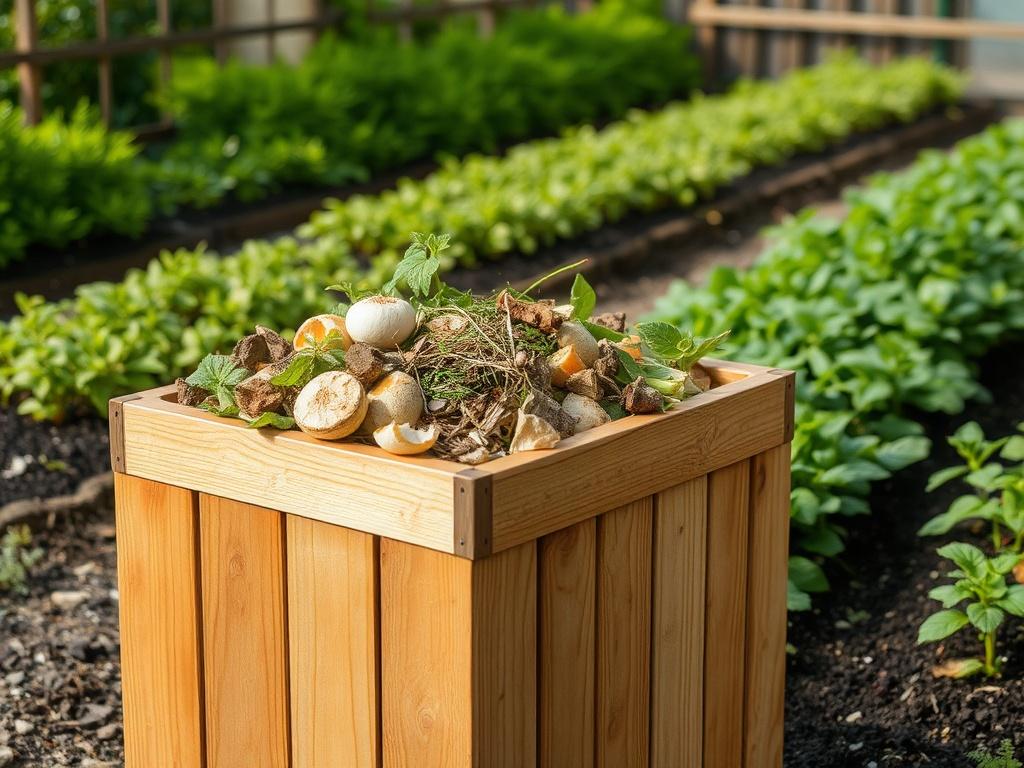 **AI Image Generation Prompt:**

Create a realistic high-resolution photo that effectively illustrates the theme "Save with Composting." The focal subject of the image should be a vibrant, well-organized compost bin filled with an assortment of kitchen scraps such as vegetable peels, coffee grounds, and eggshells, alongside fresh yard waste like grass clippings and small branches. The compost bin should have a natural wood finish to complement the rustic aesthetic.

In the background, include a simple and s