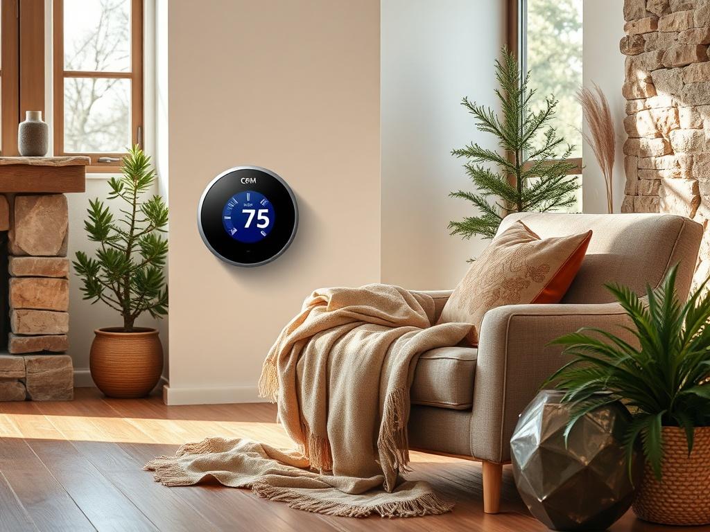 **AI Image Generation Prompt:**

Create a realistic high-resolution photo that effectively captures the essence of a blog titled "Keeping Your Home a Comfortable Temperature." 

**Composition:** The composition should be simple and clear, focusing solely on one subject that embodies the theme of temperature regulation in the home. 

**Subject Matter:** Feature a beautifully arranged living room scene showcasing a sleek and modern thermostat prominently displayed on a wall. The thermostat’s display should be