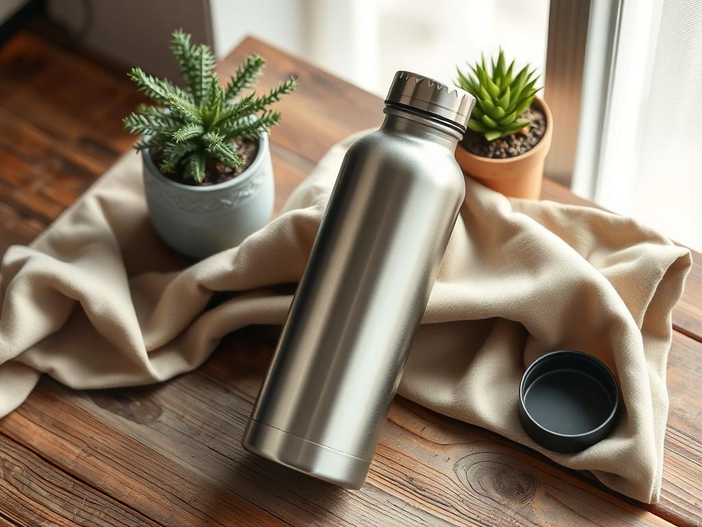 A realistic high-resolution photo of a sleek, uninsulated stainless steel water bottle without any paint, showcasing its scratch-resistant surface. The bottle is placed on a rustic wooden table, surrounded by earthy textures like a soft cloth and a small potted plant. The background features a soft, natural light that highlights the bottle's neutral design, emphasizing its use for work, hiking, yoga, and travel.