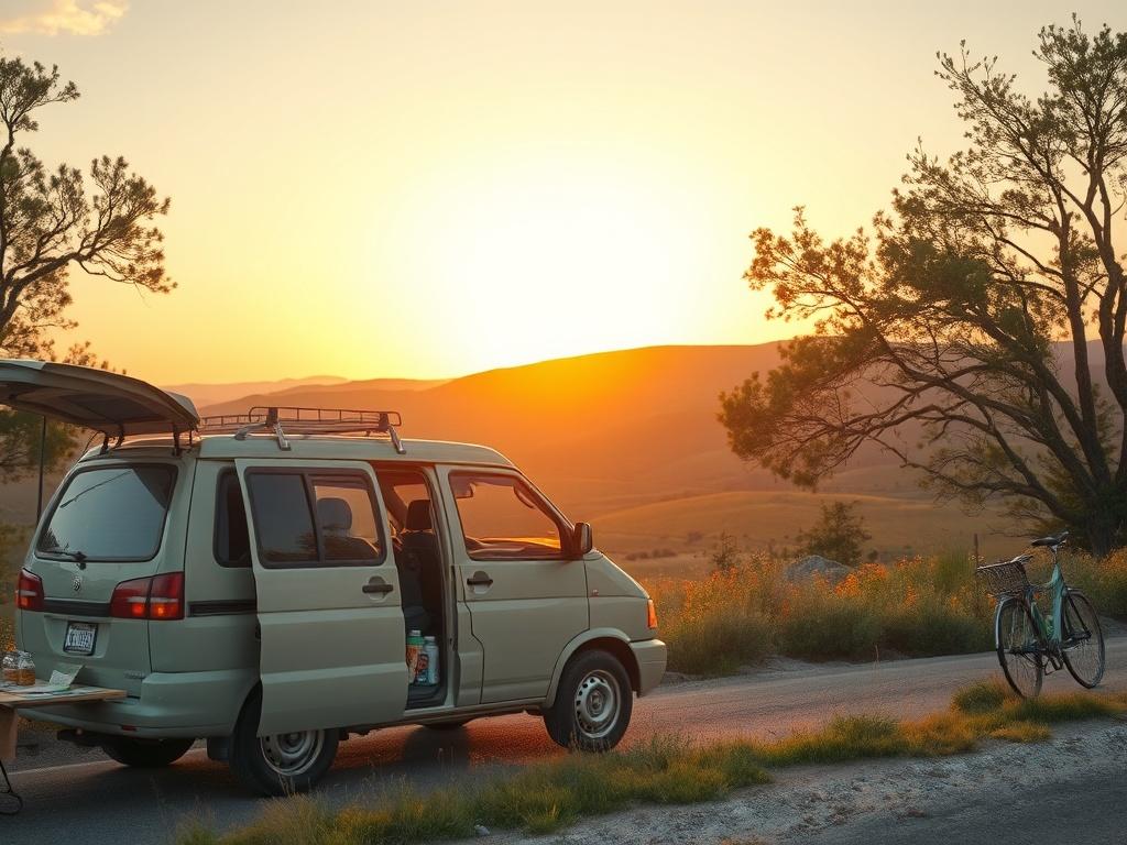 **AI Image Generation Prompt:**

Create a realistic high-resolution photo that captures the essence of family road travel on a budget. The composition should be simple and clear, centered around a single subject: a cozy, well-loved minivan parked by a scenic roadside. 

In the foreground, showcase the minivan, which should have a slightly open sliding door, revealing a family’s travel essentials—maps, reusable water bottles, and a small, colorful cooler filled with snacks—reflecting the theme of budget-frie