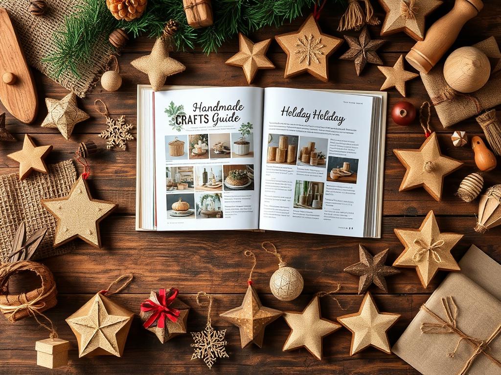A rustic workspace filled with crafting supplies, featuring the Handmade Holiday Crafts Guide open to a colorful project page. Surrounding the guide, there are various handmade holiday decorations and gifts made from natural materials like wood, fabric, and paper. The background showcases a warm, inviting atmosphere with earthy textures and natural tones, emphasizing a cozy crafting vibe.
