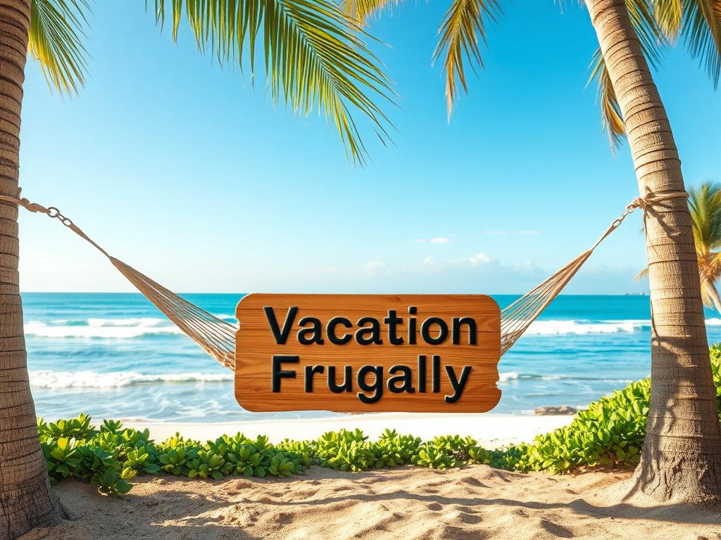 Create a realistic high-resolution photo of a serene beach scene with a hammock strung between two palm trees. The foreground should feature a simple wooden sign that reads 'Vacation Frugally' in natural tones. The background should display a clear blue sky, gentle waves lapping at the shore, and lush greenery, all rendered in earthy textures and grounded rustic aesthetic. The overall composition should evoke a sense of tranquility and relaxation, inviting viewers to imagine themselves enjoying a peaceful g