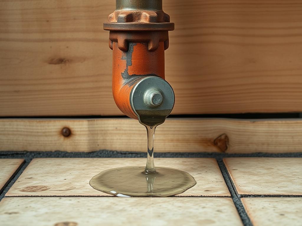 Generate a realistic high-resolution image that visually encapsulates the concept of "Leaky Pipe Tips" for a blog. The focal subject of the image should be a well-worn, classic pipe featuring a noticeable leak at its joint, with droplets of water visibly pooling on the surface beneath it. Ensure that the pipe is rendered in earthy tones that evoke a rustic aesthetic, complementing the frugal and sustainable theme of money-saving hacks. 

The background should be simple and unobtrusive, possibly featuring a 