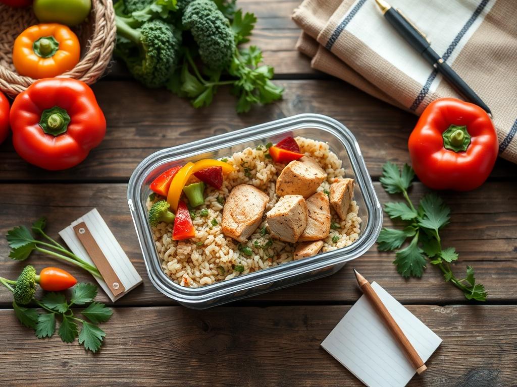 Create a realistic high-resolution image that visually represents the theme "Top 5 Tips on Building Meal Plans on a Budget." The composition should be simple and clear, focusing on a single subject. 

**Subject Matter:** Depict a neatly arranged, rustic wooden table showcasing a vibrant, colorful meal prep scene. In the center, place an attractive, filled meal prep container featuring a balanced meal—perhaps a portion of brown rice, grilled chicken, and a mix of steamed vegetables. Surround the meal contain