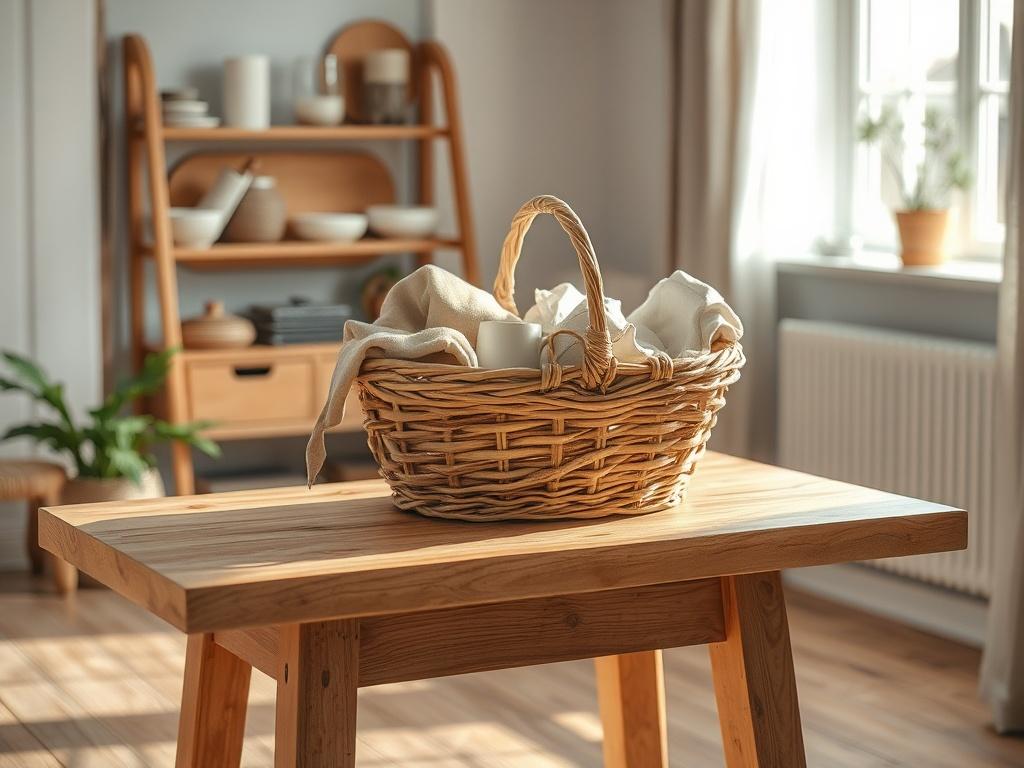 **AI Image Generation Prompt:**

Create a realistic high-resolution photo of a single, well-worn, but sturdy wooden table in a cozy, sunlit room. On the table, prominently display a beautifully crafted, eco-friendly shopping basket filled with various products that represent cheap buys—think of items like a faded, low-quality t-shirt, a flimsy plastic kitchen gadget, and a broken ceramic mug, all showing signs of wear and tear. The items should be arranged in a way that showcases their flaws, hinting at the