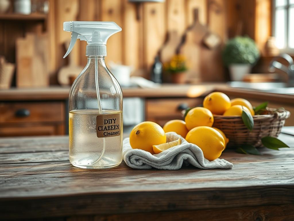 A realistic high-resolution photo of a rustic wooden work table with various household cleaning supplies laid out. The scene includes a glass spray bottle filled with a natural DIY cleaner, a few fresh lemons, and a soft cloth. The background features a warm, earthy-toned kitchen with natural light streaming in, highlighting the textures of wood and the freshness of the ingredients. The color palette is grounded in natural tones, emphasizing sustainability and frugality.