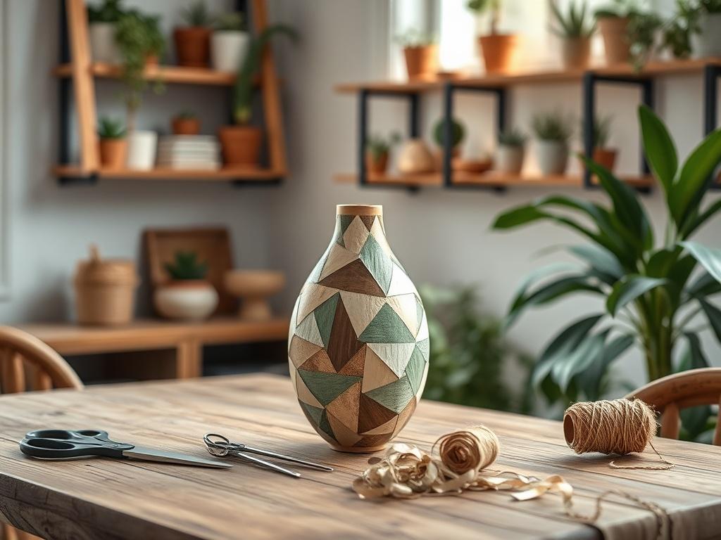 **AI Image Generation Prompt:**

Create a realistic high-resolution photo that captures the essence of crafting as a means to save money and create beautiful items for the home. The composition should be simple and centered around a single subject: a beautifully handcrafted item, such as a unique decorative vase made from recycled materials, standing gracefully on a rustic wooden table. 

The vase should feature natural tones—earthy greens, browns, and soft whites—to evoke an organic feel. Surrounding the v