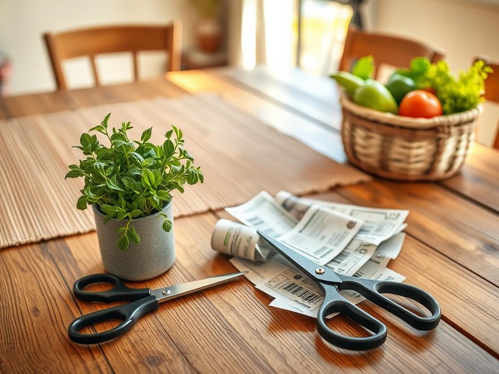 **AI Image Generation Prompt:**

Create a realistic high-resolution photo that vividly represents the blog titled "10 Essential Money-Saving Tips." The image should feature a single subject: a well-organized wooden dining table adorned with various money-saving items. Place a pair of scissors, a roll of coupons, and a small pot of indoor herbs in the foreground to signify sustainable living. The scissors should appear open, ready to cut, and the coupons slightly fanned out to showcase offers without reveali
